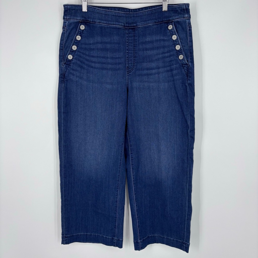 Chicos Pull On Wide Leg Crop Jeans Women 14R 2.5R Sailor Button Dark Wash Denim
